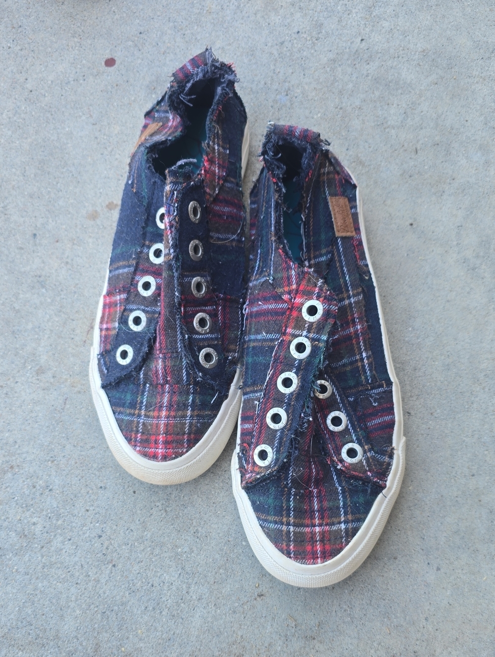 Plaid Slip-On Canvas Sneakers in Navy and Red
